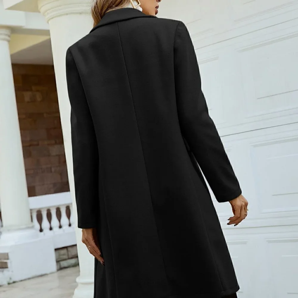 Black Preppy Womens Lapel Collar Double Breasted Overcoat